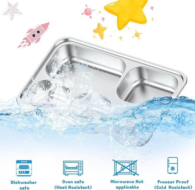 Stainless Steel Divided Plate for Kids Toddler, Non Toxic Portion Control Plate Dinner Plate with Lid for Adults Weight Loss, 4 Pack 5 Sections Rectangular Snack Plate Tray