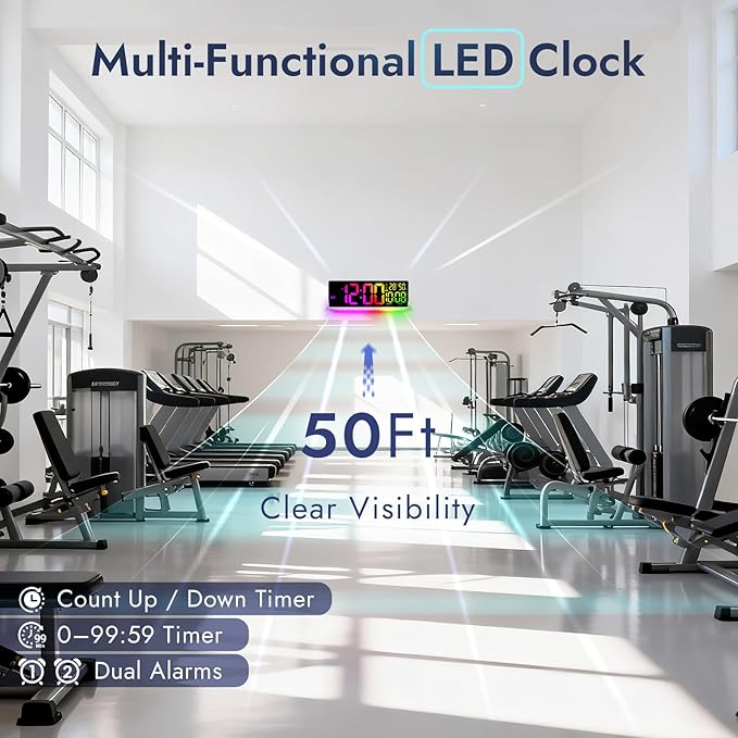 16.5" Large Digital Wall Clock: 11 Screen Colors and 13 U-Shaped RGB Backlight Modes with Sync Screen, Auto DST, Temp & Humidity, Dual Alarm & Timer – Digital Clock for Classroom, Gym, Gaming Room