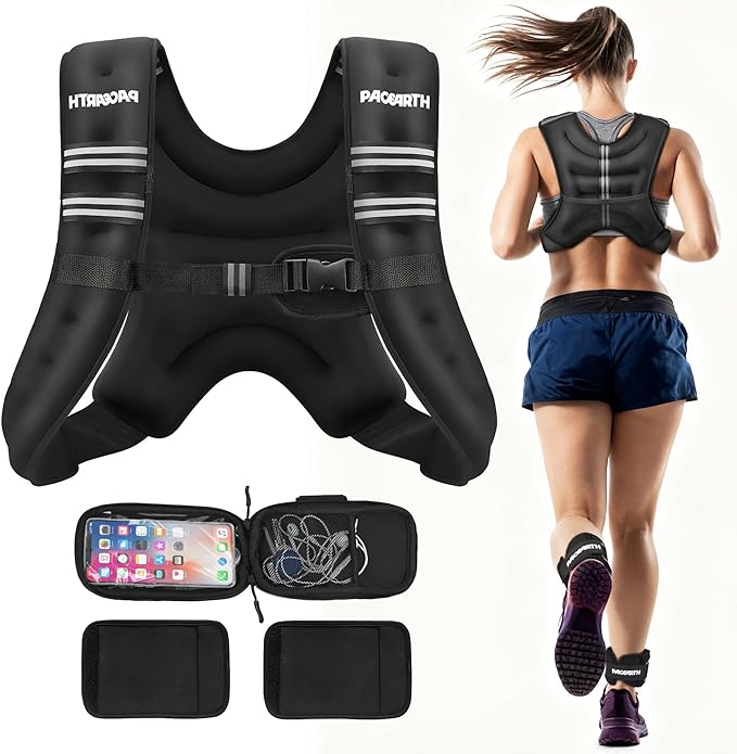 PACEARTH Weighted Vest,6lb/8lb/10lb/12lb/16lb/20lb/25lb/30lb Weight Vest with Reflective Stripe, Body Weight Vests for Women, Men, Weight Loss Workout, Strength Training, Running, Walking, Jogging