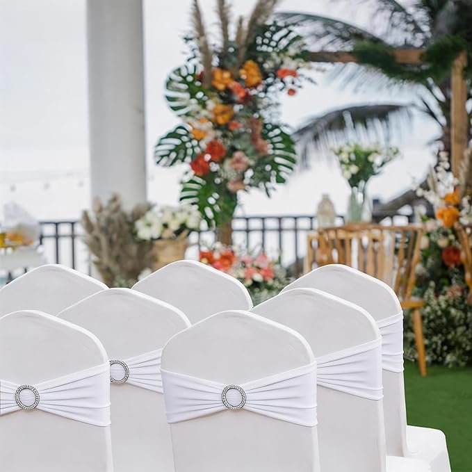 Wedding White Chair Sashes 100 Pack Spandex Chair Bands with Buckles Slider Chairs Bows for Party Birthday Bridal Shower Engagement Anniversary Christmas Event Decorations