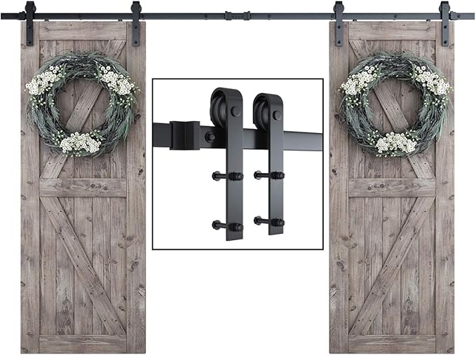 SMARTSTANDARD 10FT Double Barn Door Hardware Kit, Sliding Door Track-Smoothly and Quietly -Includes Detailed Installation Fit 30" Wide Door Panel(J Shape Hanger) Black
