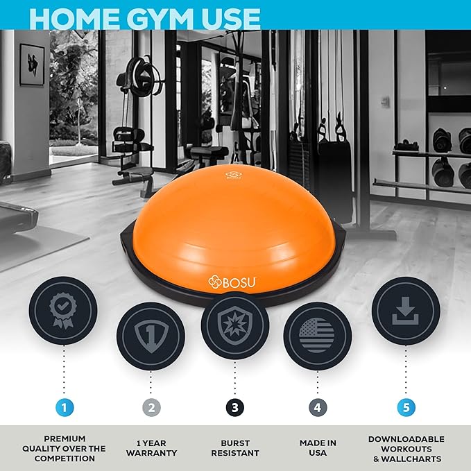 Bosu Balance Ball Exercise Trainer, Home Gym Equipment w/Guided Workouts & Pump, 26" Inflatable Fitness Platform for Strength Training, Standing, Balancing, and Core Workout