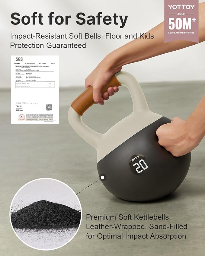 YOTTOY Soft Kettlebell with Leather Handle – Anti-Slip Sweat-Absorbing Grip, Home Gym Kettlebell Weights for Strength Training, Safe Neoprene Kettlebell for Women & Men