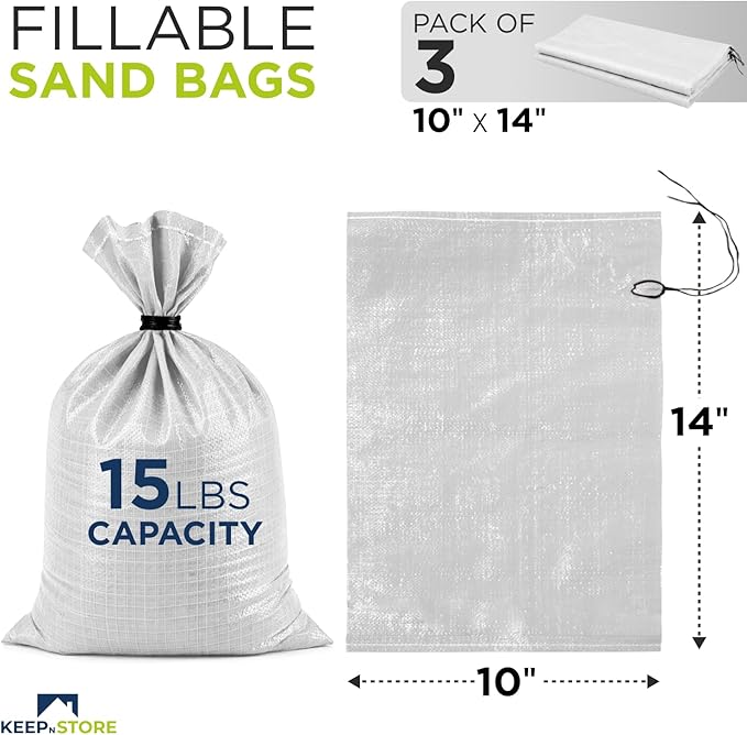 Heavy Duty Sand Bags Pack of 3, White Empty Sandbags with Built-In Ties, Woven Polypropylene UV Protection 1600 Hours, Fillable Sand Bags for Flood Control, Weight, 10x14 inches, 15 Pounds Volume