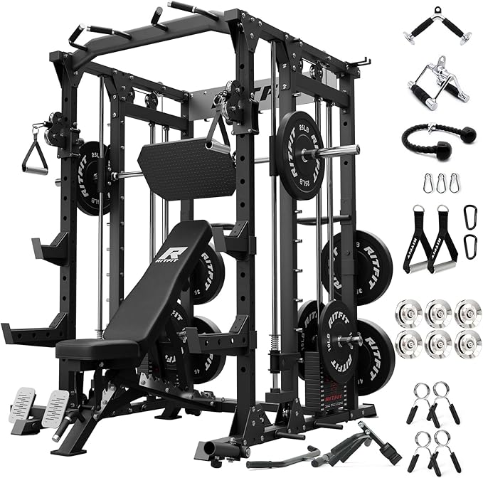 RitFit Buffalo Smith Machine Package, All-in-One Power Cage with Weight Stack , Power Rack with Cable Crossover & Leg Press Attachment for Home Gym