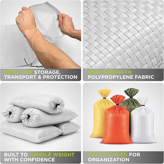 Heavy Duty Sand Bags Pack of 5, White Empty Sandbags with Built-In Ties, Woven Polypropylene UV Protection 1600 Hours, Fillable Bags for Flood Control, Weight, 18x30 inches, 75 Pounds Volume