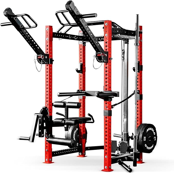 Mikolo 3"x3" Power Cage, Multi-Function Power Rack with LAT Pull Down Pulley System, Commercial Squat Rack for Home Gym with 3x3 Attachment, 1500 lbs Weight Capacity