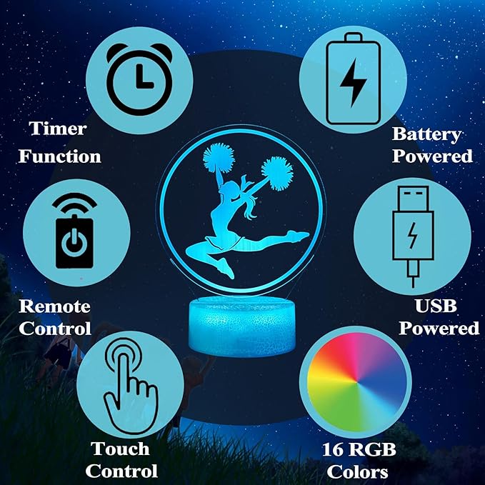 Cheerleader Gifts, Cheerleader 3D Night Light with 16 Colors Changing, Timer, 4 Flash Modes and Dimmable, for Birthday Xmas Cheering Squad Gifts for Room Decor Girls