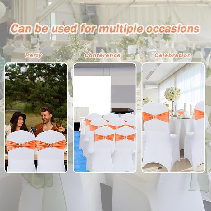 Joccun 120 PCS Spandex Chair Sashes Bows Stretch Chair Cover Band with Buckle Slider Universal Elastic Chair Ties for Wedding Banquet Party Event Decoration (Orange)