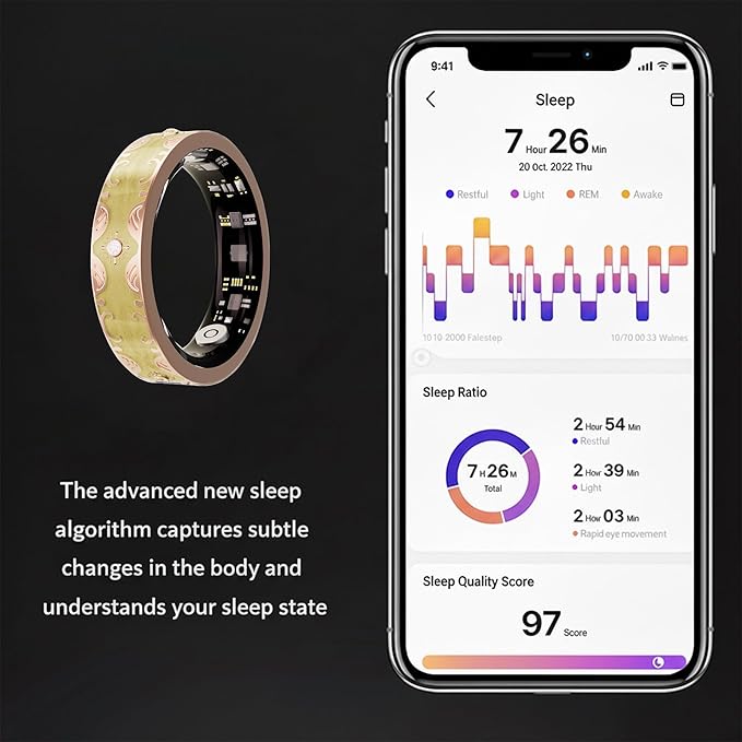 Smart Ring for Women Gift, Fitness & Vital Signs Monitoring, Sleep Tracker/Remote Photography/No Subscription(Yellow,7#)