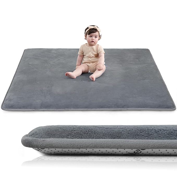 Huloo Sleep Baby Play Mat for Floor,1.3" Thick Elasti-Foam 50"×50" Playpen Mat for Tummy Time,Non-Toxic Certified Water Repellent Soft Coral Velvet for Toddler,Infant,Kids,Non-Slip Backing Safe for Crawling(Dark Grey)