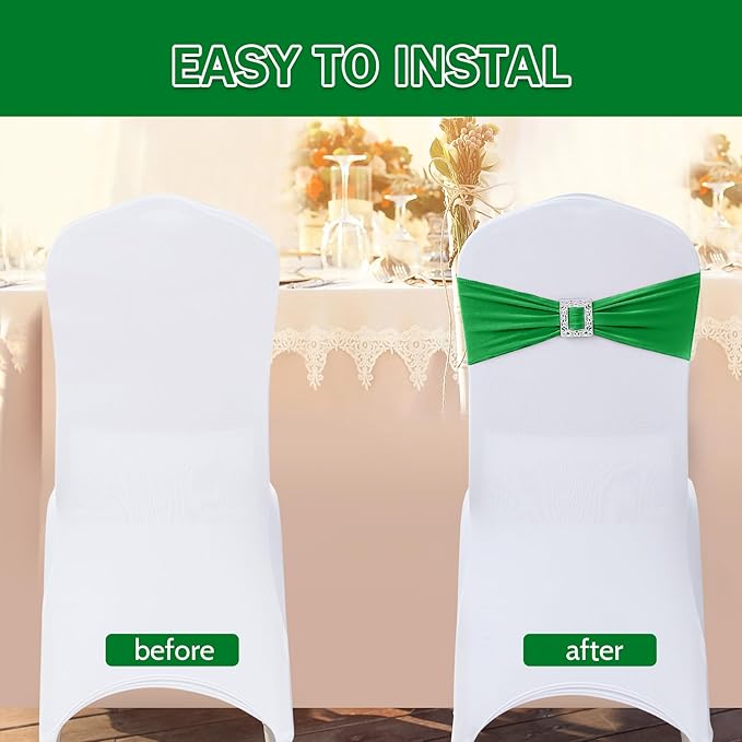 Joccun 60 PCS Spandex Chair Sashes Bows Stretch Chair Cover Band with Buckle Slider Universal Elastic Chair Ties for Wedding Banquet Party Event Decoration (EmeraId)