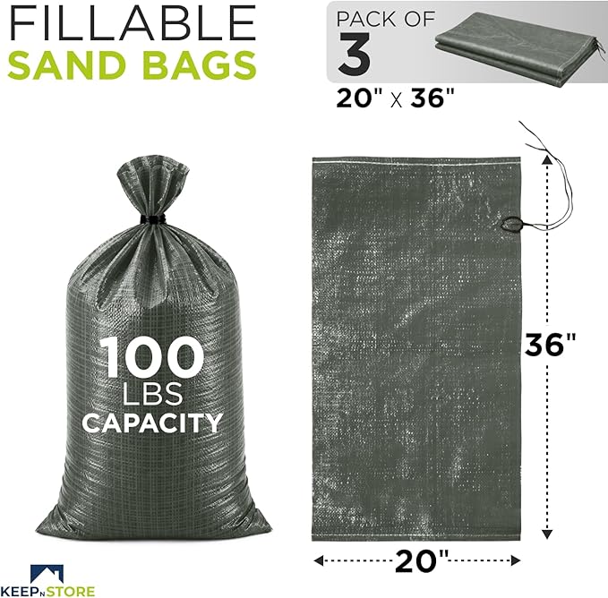 Heavy Duty Sand Bags Pack of 3, Army Green Empty Sandbags with Built-In Ties, Woven Polypropylene UV Protection 1600 Hours, Fillable Bags for Flood Control, Weight, 20x36 inches, 100 Pounds Volume