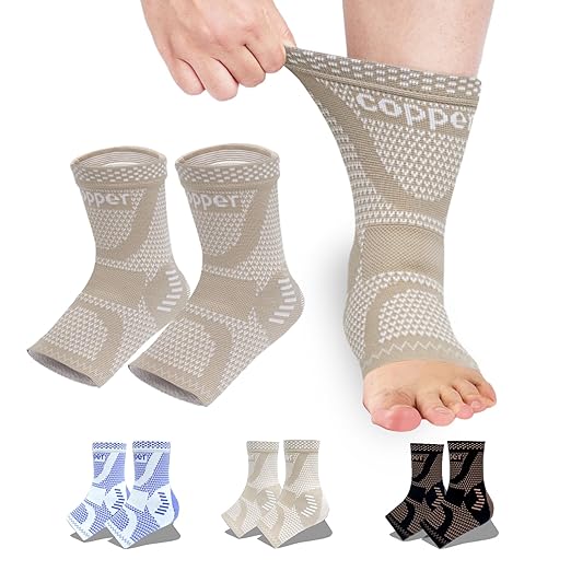 LISEPWU Copper Ankle Brace, Copper Infused Ankle Support Compression Sleeve for Men & Women, for Foot Pain Relief, Sprained Recovery, Achilles Tendonitis, Daytime or Night Use(Skin White L)