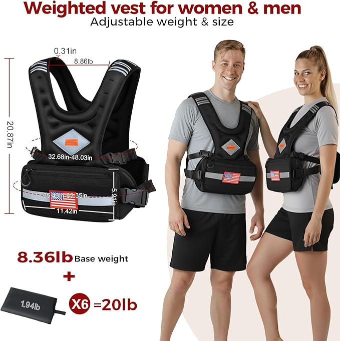 Weighted Vest Woman & Men, 6-10lb/8-20lb/8-30lb Adjustable weighted Vest With Pockets & Reflective Strips for Walking, Running, Hiking,Rucking, Workout, Strength Training