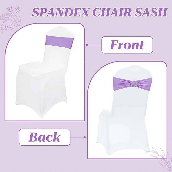 VDS - Lavender | Spandex Chair Sashes Bows | 100 PCS | Stretch Elastic Banquet Universal Folding Chair Band Tie with Silver Buckle Slider for Wedding Party Conference Celebration Event Decoration