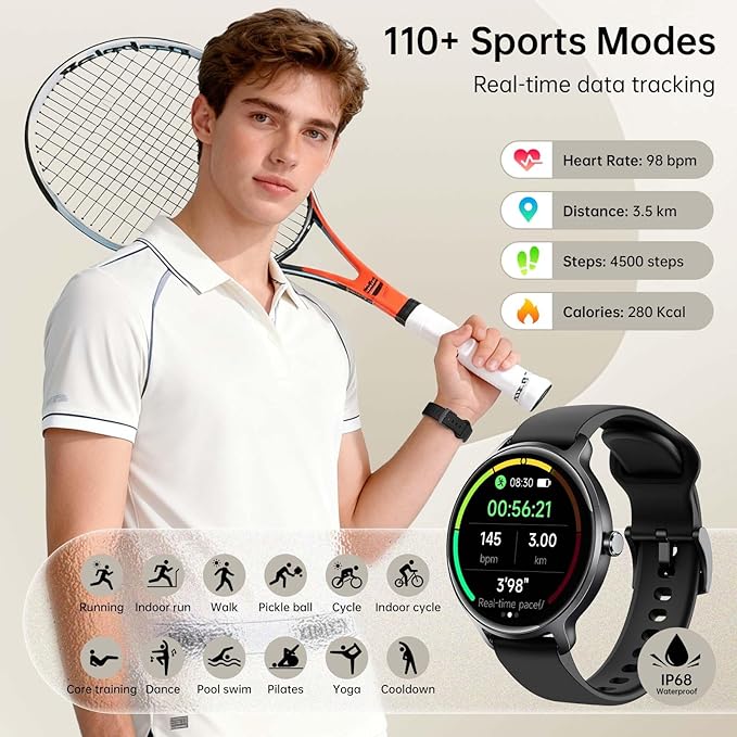 Smart Watch for Women Men, 1.27" AMOLED Screen Smartwatch with Answer/Make Call for iPhone/Android/Samsung, Fitness Tracker with 120+ Sport Modes, Heart Rate/Sleep Monitor, IP68 Waterproof, 2 Bands