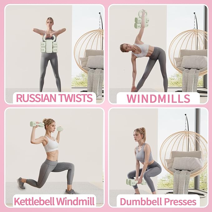 Adjustable Kettlebell Set, 4-in-1 Free Weight Kettlebell sets (5.5lbs 7.7lbs 9.9lbs 12.1lbs) for women, Hand Weight Dumbbell Set of 2 for Home Gym Fitness Training