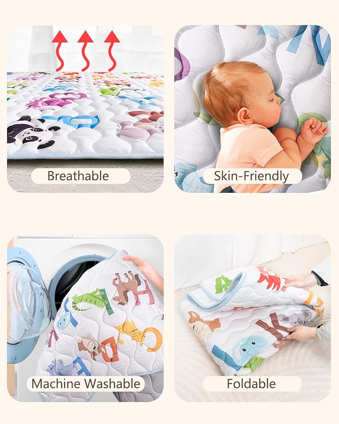 Baby Play Mat, 71x79 Mat with Super Soft Touch, Activity Mat with Upgraded Anti-Slip Bottom, Machine Washable Crawling Mat for Floor & Picnic(Animal Alphabets)