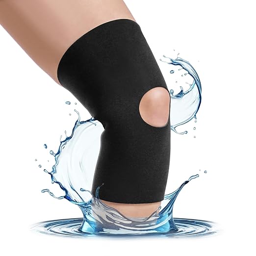 BraceAbility Open Patella/Open Back Neoprene Knee Sleeve | Water-Resistant Athletic Compression Knee Brace for Swimming, Wakeboarding, Scuba Diving, Surfing, Waterskiing and Other Sports (Small)