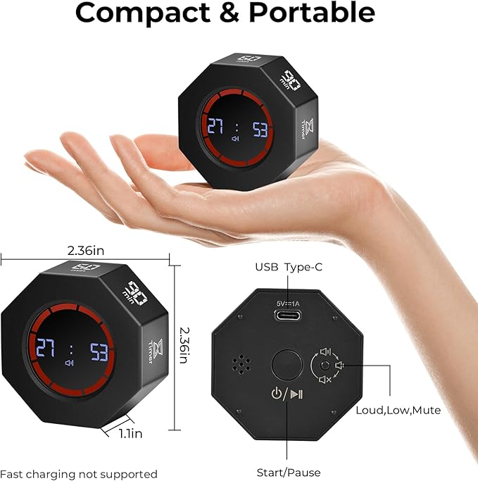 Small Rechargeable Pomodoro Timer, Gravity Sensor Auto-Rotating 7 Preset Times (1/3/5/15/30/60/90 min) & Count Up Mode, Digital Kitchen Timers for Cooking, Work and Study (Space Gray)