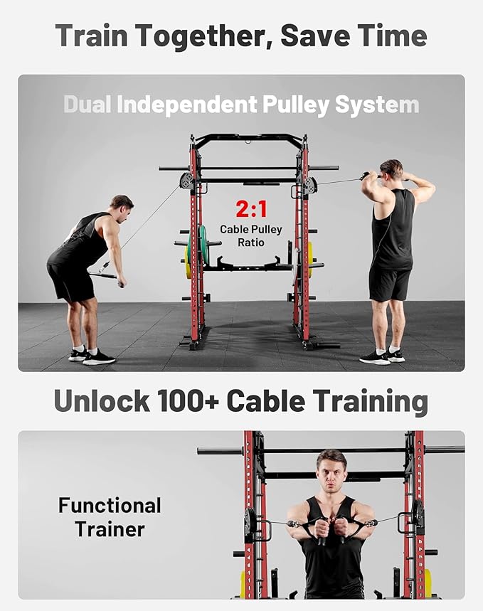Mikolo M4 2.0 Smith Machine, 2200lbs Squat Rack with LAT-Pull Down System & Cable Crossover Machine, Training Equipment with Leg Hold-Down Attachment