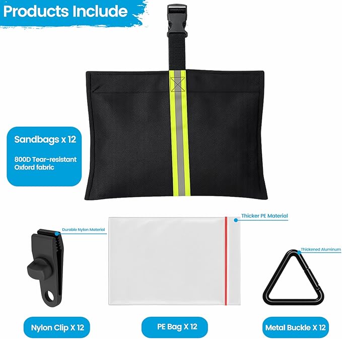12 Pack Boat Cover Sandbags, 800D Marine Grade Polyester Fabric Reflective Sand Bag Mooring Kit, Windproof Boat Cover Weight Bags with Tarp Clip Accessories
