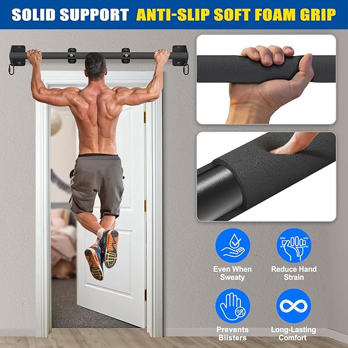 Kipika Wall Mounted Pull Up Bar - Heavy Duty 450 LB Capacity Doorway Chin Up Bar for Home Gym, Sturdy Steel Construction with Resistance Band Hooks | Hanging Exercise Bar for Full Body Workout
