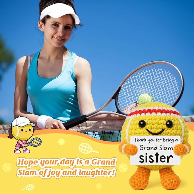 Mini Positive Crochet Tennis Ball Gifts for Women Men - Handmade Crochet Tennis Ball, Motivational Encouragement Christmas White Elephant Gift for Tennis Balls Lover Coworker Friend Coach