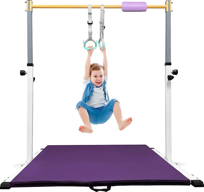 Adjustable Gymnastics Bar for Kids with Mat - Sturdy Kip Bar with Rings, Horizontal Bar for Home Training, 3'-5' Height, Ages 3-15, 250 LBS Capacity, Easy Assembly.