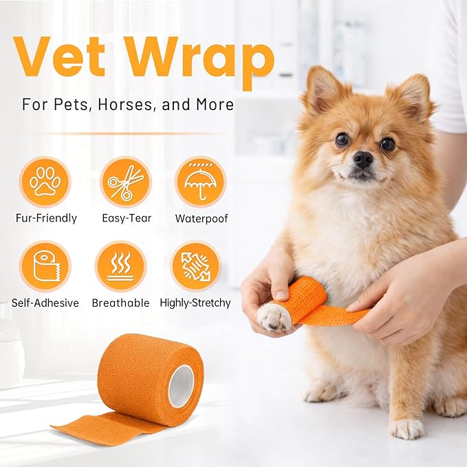 18 Pack Self Adhesive Bandage, 2 Inch Orange Cohesive Bandage for Vet Wrap, Breathable Wound Tape, Strong Elastic Wrap Support for Thumb Finger, Hand Wrist, Ankle and Knee