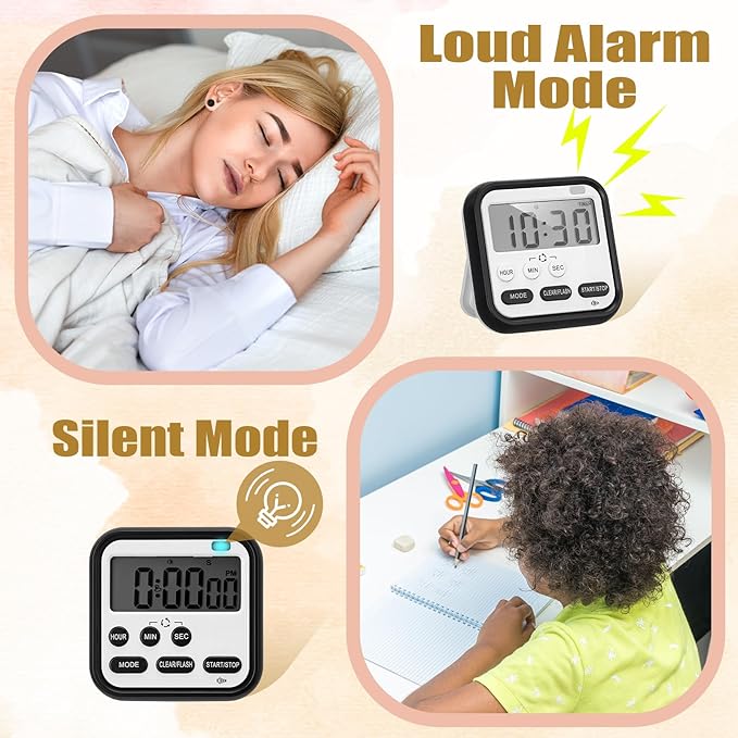 Leumoi 6 Pcs Digital Kitchen Timer 24 Hour Clock and Alarm Function Timer On/Off Switch Minute Second Count up Countdown Loud Alarm for Exercise Cook Baking(Black, Pink, Blue, Green)