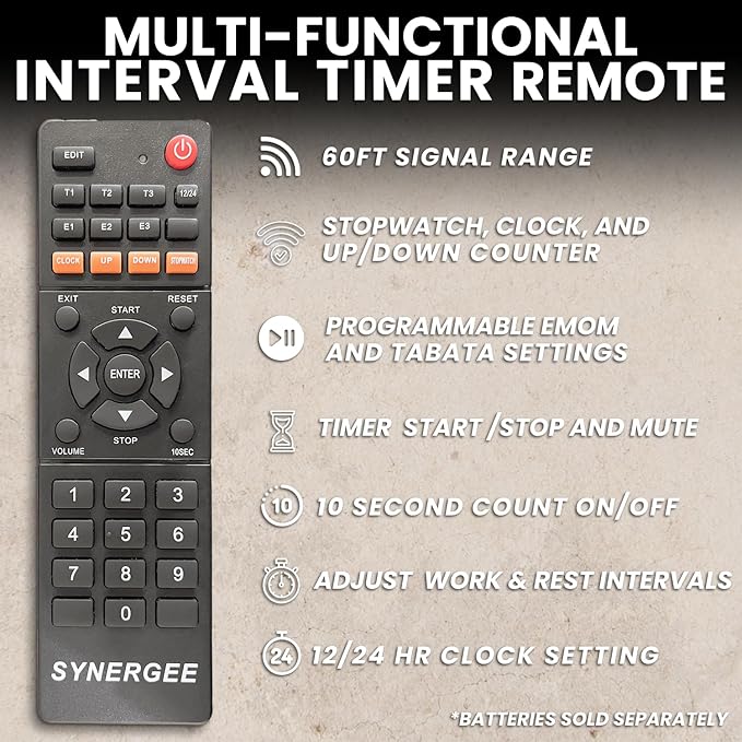 Synergee 28' Workout Interval Timer. Programmable Wall Mounted Gym Timer with Wireless Remote. Tabata EMOTM Stopwatch Count Up/Down MMA Clock