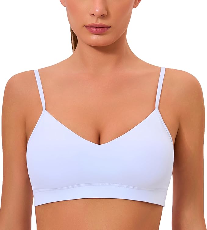 Oalka V Neck Sports Bra for Women Adjustable Padded Thin Straps Wireless Yoga Bras