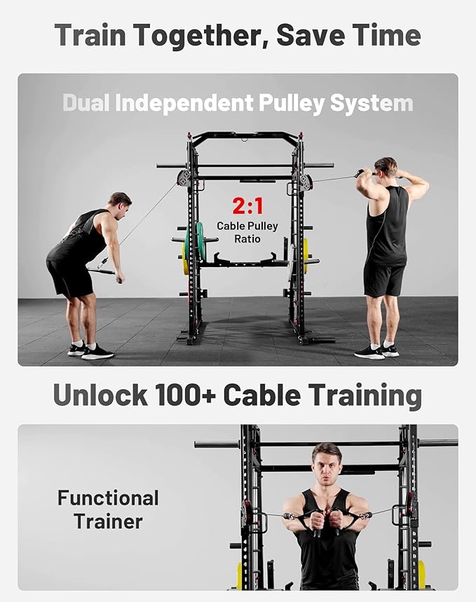 Mikolo M4 2.0 Smith Machine, 2200lbs Squat Rack with LAT-Pull Down System & Cable Crossover Machine, Training Equipment with Leg Hold-Down Attachment