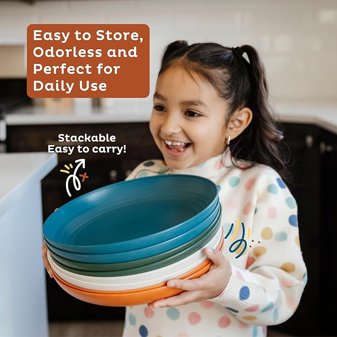Nook Theory 8-Pack Reusable Wheat Straw Plates Set - Non Toxic and Non Plastic Dinner Plates for Kids and Adults, Lightweight Unbreakable Plate, Microwave Safe and Dishwasher Safe (Boho 9")