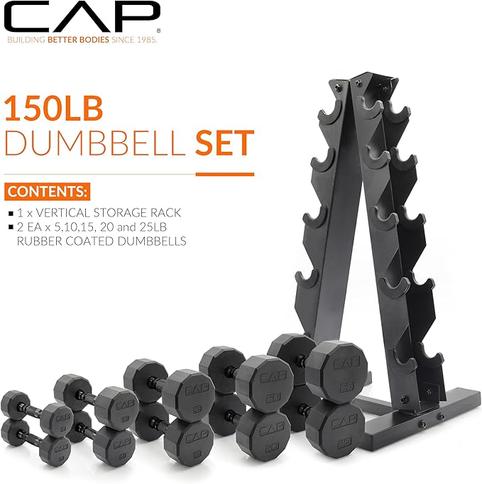 CAP Barbell 150 LB Coated Hex Dumbbell Weight Set with Vertical Rack | Multiple Options