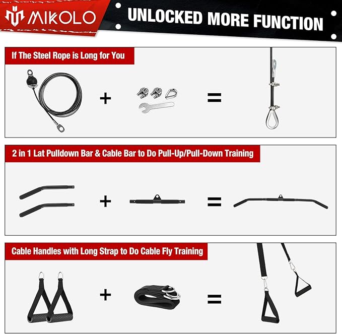 Mikolo Upgraded Weight Lift Pulley System - LAT Pulley Attachments with Adjustable Length Cable for Full Body Training, Home Gym Set
