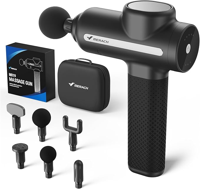 MERACH Pro-Grade Massage Gun, Quiet Massage Gun Deep Tissues, 12MM Percussion Massager Tools for Muscles Shoulders Legs Body Pain Relief, Handheld Massager with 6 Heads & 5 Speeds, Gift for Him