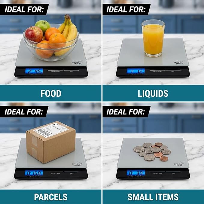 Smart Weigh Professional USPS Postal Scale with Tempered Glass Platform, Multiple Weighing Modes and Tare Function, Silver Shipping Scale, Platform Scale, 11 pounds/ 5 Kilograms