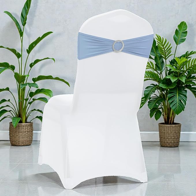 VDS - Baby Blue | Spandex Chair Sashes Bows | 50 PCS | Stretch Elastic Banquet Universal Folding Chair Band Tie with Silver Buckle Slider for Wedding Party Conference Celebration Event Decoration