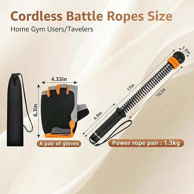 2 PCS Cordless Battle Ropes – Wireless & Ropeless Battle Ropes for Home Gym with Bag & Gloves, Adjustable Resistance & Non-Slip Handle, Low-Noise Exercise Rope for HIIT, Arm Toning & Cardio (Black)