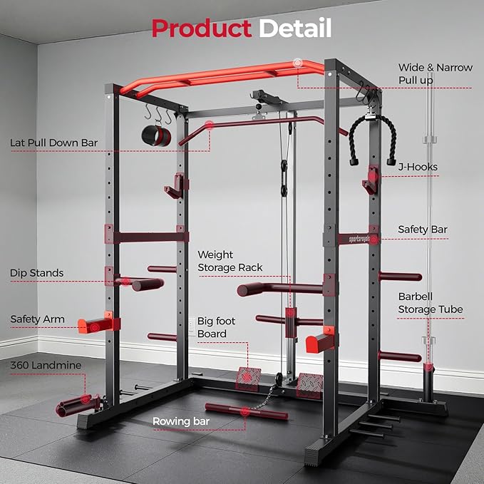 Sportsroyals Squat Rack, LAT Power Cage, Power Rack Multi-Function with Pulley System and Training Attachments for Home Gym