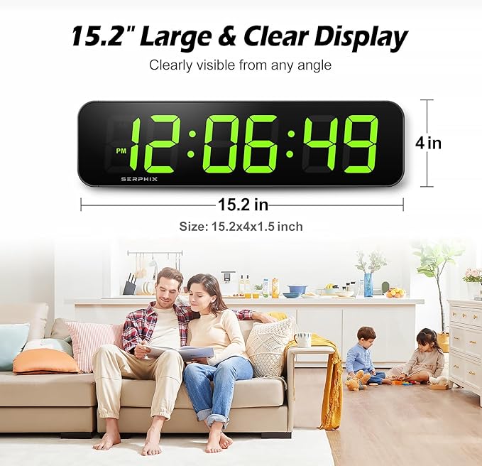 15.2" Large Digital Wall Clock, Customizable RGB Color, App and Remote Control, 6-Digit LED Clock with Seconds, Alarm, Countdown, Stopwatch, Timer Clock for Home Gym Living Room Office Garage Decor