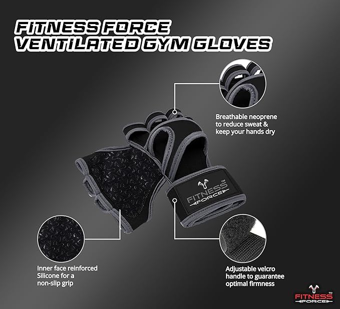 FITNESS FORCE Ventilated Weightlifting Gloves Workout Gloves for Men & Women with Built-in Wrist Wraps Fingerless Gym Gloves for Men Perfect for Exercise Fitness, Weight Lifting, Cross Training