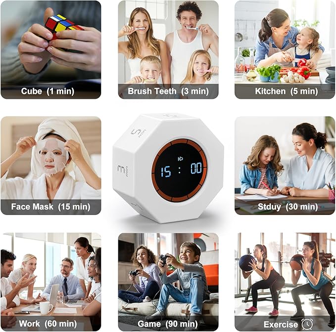 Small Rechargeable Pomodoro Timer, Gravity Sensor Auto-Rotating 7 Preset Times (1/3/5/15/30/60/90 min) & Count Up Mode, Digital Kitchen Timers for Cooking, Work and Study (Pearl White)