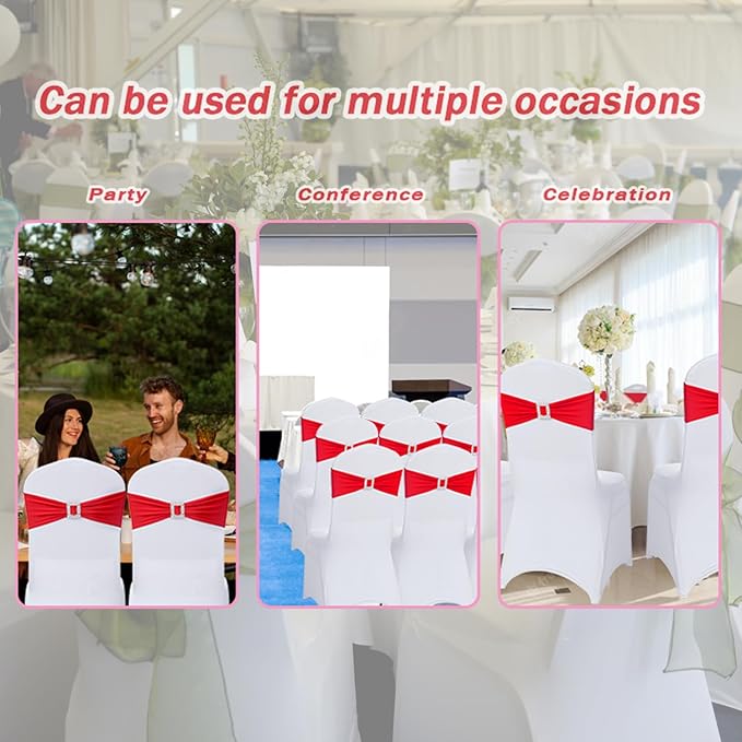 Joccun 120 PCS Spandex Chair Sashes Bows Stretch Chair Cover Band with Buckle Slider Universal Elastic Chair Ties for Wedding Banquet Party Event Decoration (Ruby)