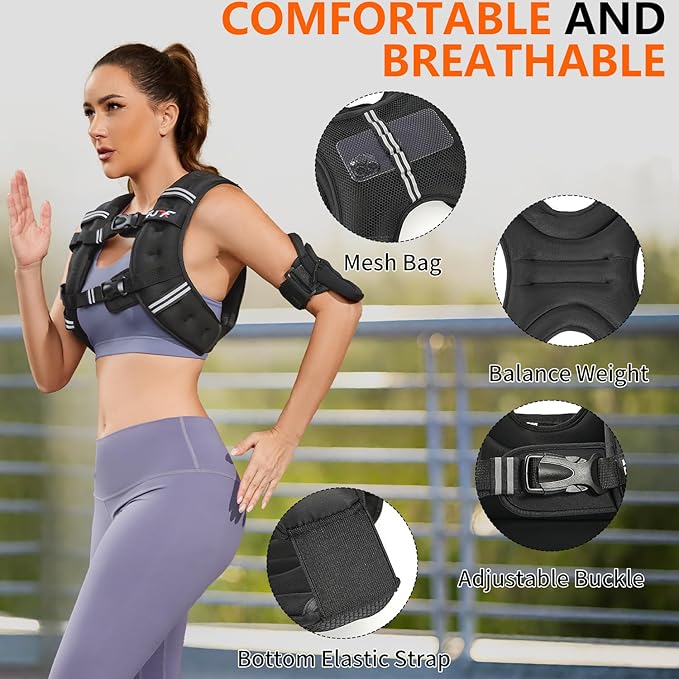 FUFF Weighted Vest Woman, 5/10/12/15/20/25/30 LB Womens Weight Vest for Walking, Strength Training Weight Vests for Female Men, Reflective Stripe Body Vest for Workout Running Jogging Fitness