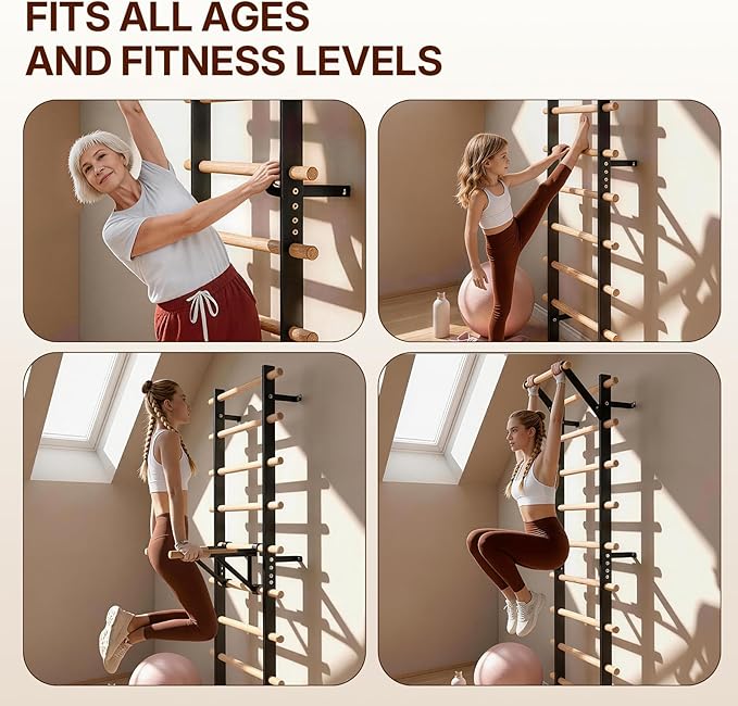 GMWD Swedish Ladder, Stall Bar, Suspension Trainer with Pull-Up Bar and Dip Bar Attachments, Wooden Stall Bar with 9 Strategic Rods for Core Strengthening and Stretching Balanced for Body Exercises