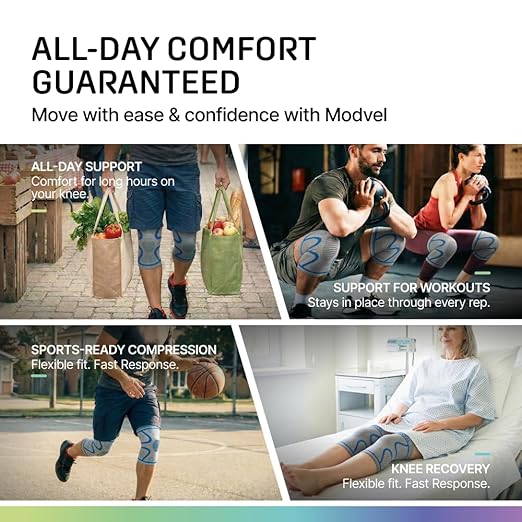 Modvel 2 Pack Knee Brace for Women & Men - Knee Support for Walking, Knee Compression Sleeves for Pain Relief, Knee Sleeves for Women, Knee Sleeves for Men, Knee Brace for Sports, Workouts & Arthritis